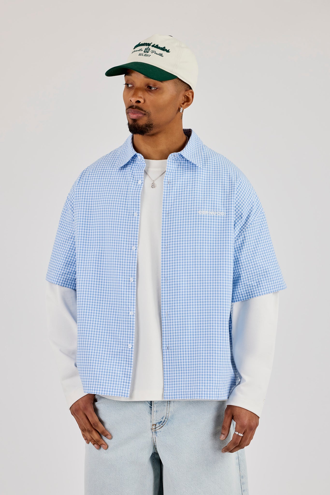 Short Sleeve Check Print Shirt - Blue